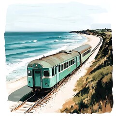 Wall Mural - Vintage Teal Train Traveling Along Coastal Railway by the Ocean.