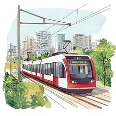 Wall Mural - Modern Tram Passing Through a Cityscape with Lush Greenery.