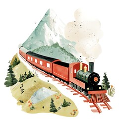 Wall Mural - Watercolor Painting of a Vintage Steam Train Traveling Through a Mountainous Landscape.