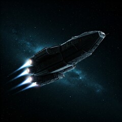 Wall Mural - dark grey futuristic spaceship flying through space with starry background