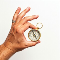 close up of a hand holding a gold compass on a white background