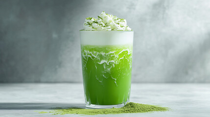 Wall Mural - A bold Matcha Latte with a vibrant green color, made with cashew milk and topped with frothy foam and a sprinkle of matcha powder for added flavor.