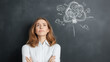 © pattozher - Overwhelmed Woman: A pensive young woman with arms crossed stands before a blackboard filled with chaotic, swirling thought bubbles.