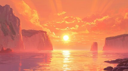 Wall Mural - Vibrant sunset over calm ocean and rocky cliffs.