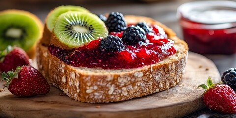 Aufkleber - Delicious bread topped with a vibrant jam made from fresh berries, kiwi, and strawberry. This delightful bread and jam combination showcases the rich flavors of berries, kiwi, and strawberry.