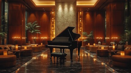 Canvas Print - Grand piano in a dimly lit, luxurious lounge.