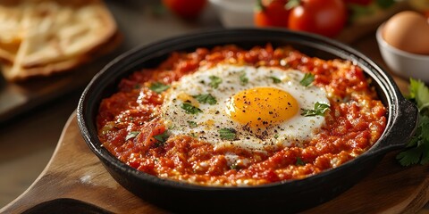 Aufkleber - Traditional menemen dish featuring eggs and tomatoes, captured in a culinary context that highlights the essence of menemen as a beloved traditional food. Enjoy the delightful flavors of menemen.