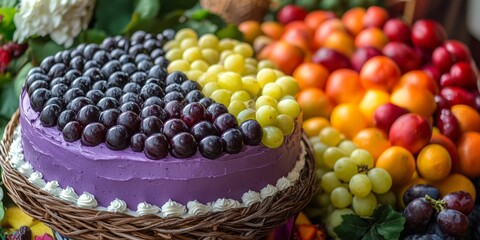 Poster - Grape cake displayed alongside a colorful fruit basket, showcasing the delightful combination of a grape cake with fresh fruits, perfect for any gathering or special occasion.