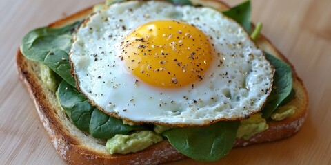 Poster - Avocado toast topped with spinach and a fried egg, viewed from above, showcases a delicious and nutritious meal. This avocado toast offers a perfect combination of flavors and textures.