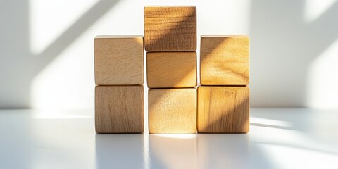 Poster - Reflection captured through wooden blocks, showcasing the concept of reflection in a creative manner on a white isolated background. Explore the idea of reflection with wooden blocks.