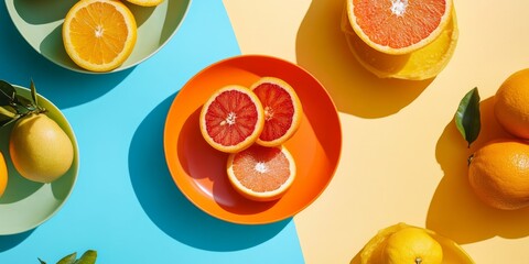 Poster - Orange peel and plates featuring fresh fruits. This summer food concept showcases vibrant orange peel alongside an arrangement of delightful fresh fruits, perfect for sunny days.