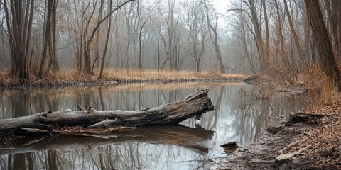 Poster - Dead tree trunks line the shoreline of a serene pond within a forest park, creating a striking visual that highlights the beauty of nature s decay near the tranquil waters of the pond.