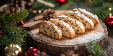 Poster - Christmas Stollen cookies arranged on a rustic festive backdrop, showcasing the delightful textures of Christmas Stollen cookies with selective focus for a cozy holiday feel.