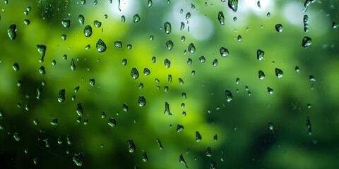 Poster - Raindrops on the window pane create a serene atmosphere. The silhouettes of blurred green trees are visible outside the window, enhancing the beauty of this rainy day scene. High quality photo of
