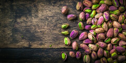 Poster - Top view of pistachio nuts scattered on an aged wooden surface, showcasing the unique texture and color of pistachios, perfect for highlighting the beauty of these flavorful nuts.