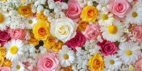 Poster - Bright floral background featuring roses, gypsophila, yellow daisies, and a variety of other flowers. This floral background is ideal for sending heartfelt wedding congratulations and celebrating