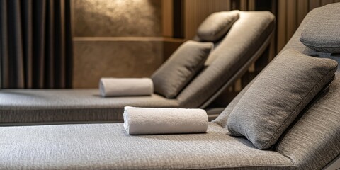 Fototapete - Intimate close up of loungers nestled in a serene spa room, evoking tranquility and relaxation, where inviting loungers create a perfect retreat experience in a cozy atmosphere.
