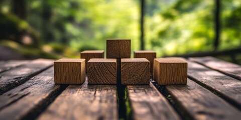 Aufkleber - Empty wooden cubes arranged on a wooden table create a visually appealing display, highlighting the textures of the wooden cubes set against a serene nature background.