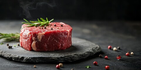 Poster - Succulent beef steak displayed on a stone table, showcasing the rich textures and colors of the beef steak in a close up perspective, perfect for culinary imagery.