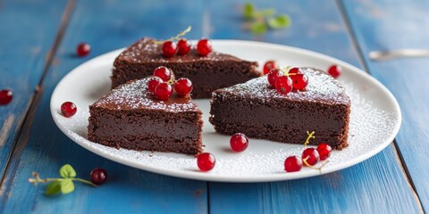 Aufkleber - Three pieces of gluten free chocolate cakes, topped with red currants and a dusting of powdered sugar, are beautifully arranged on a white plate atop a blue wooden table, showcasing delicious gluten