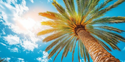 Aufkleber - Exotic palm tree basking in gentle sunlight, creating a striking contrast against a bright summer blue sky, perfect for illustrating the beauty of an exotic palm tree in nature.