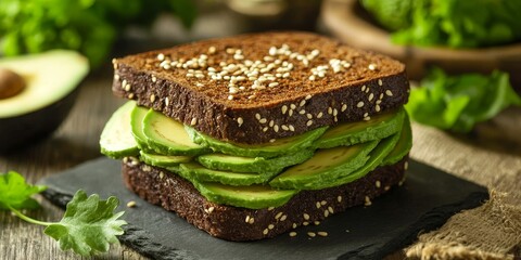 Poster - Nutritious sandwich ideal for breakfast or lunch, featuring black bread, sliced avocado, and sesame seeds. A delicious vegetarian food option that is both healthy and satisfying.