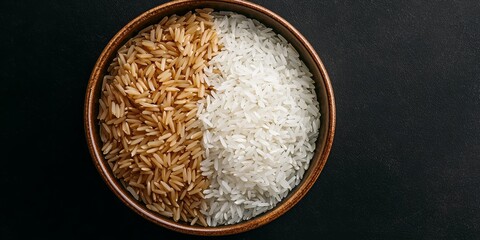 Poster - Organic rice and mixed rice are elegantly displayed in a bowl against a striking black background. This top view of organic rice creates a visually appealing composition with ample copy space.
