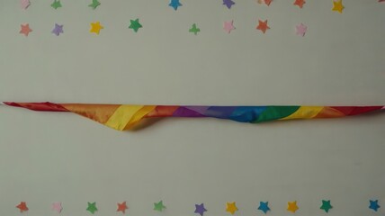 Wall Mural - Rainbow Pride Flag Banner with Colorful Stars on White Wall LGBTQIA Celebration