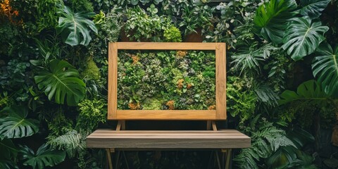 Leinwandbilder - A table showcases a wooden framed display surrounded by vibrant green plants, highlighting the natural beauty of both the frame and the greenery.