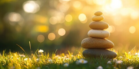 Leinwandbilder - A harmonious stack of small rocks showcases earthy tones, layered thoughtfully in the grass, creating a natural focal point against a soft bokeh background illuminated by sunlight filtering through.