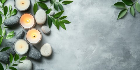 Poster - Spa arrangement featuring candles, stones, and green leaves displayed on a serene light background, creating a tranquil atmosphere perfect for a relaxing spa experience.