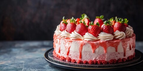 Poster - Delicious strawberry cream cake, a delightful pastry, offers a sweet dessert experience with ample copy space for your creative caption. Indulge in the rich flavors of strawberry cream cake, perfect