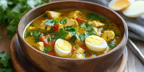 Aufkleber - Vegetable and egg curry flavored soup with chicken offers a delicious combination. Enjoy the rich and savory taste of curry in this nourishing soup filled with vegetables and protein.
