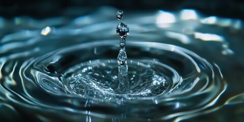 Poster - A close up shot captures a water droplet as it forms ripples, highlighting its fragile, shimmering, and clear characteristics, showcasing the droplets beauty in detail.