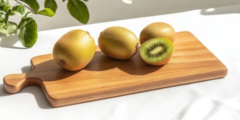 Poster - Mature kiwi fruit placed on a wooden cutting board, set against a white backdrop. This is a top down perspective layout of the scene.