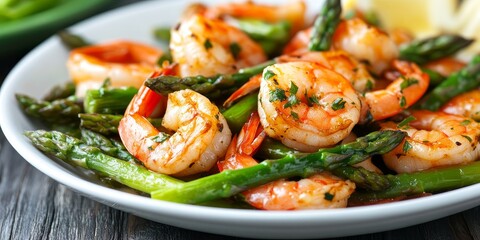 Poster - Stir fried shrimp with asparagus offers a delicious seafood dish, showcasing the healthy benefits of asparagus and shrimp. This seafood creation highlights nutritious flavors in every bite.