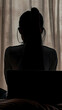 © Siasart - Silhouetted Person Sits with Laptop Open in Front of Window with Curtains Drawn