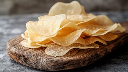 Poster - Fried rice paper chips displayed on a wooden board create an enticing visual against a gray background. Enjoy the crispy texture of rice chips that add flavor to any dish.