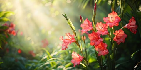 Poster - Vibrant gladiolus blooms in a tropical botanical garden catch the gentle morning light, showcasing their delicate and fresh beauty. These flowers stand out beautifully.