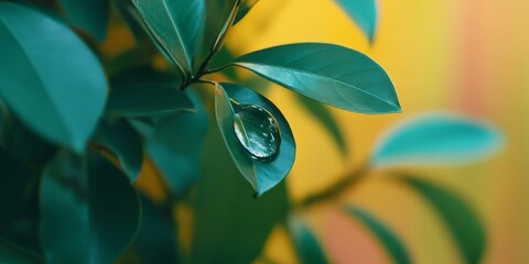 Poster - Droplet resting on vibrant green leaves against a lush colored wall background, showcasing the beauty of nature captured in this serene image featuring the droplet and greenery.