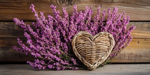 Poster - Pink heather beautifully arranged with a wicker heart on a rustic wooden background, creating a charming and warm display featuring pink heather that enhances the natural setting.