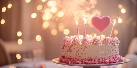 Poster - Pink heart alongside a birthday cake, adorned with pink and rose colored flames, creating a visually appealing and festive atmosphere for a celebration.