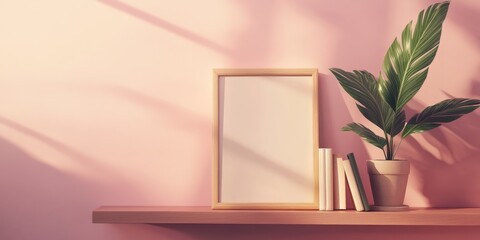 Poster - An empty picture frame sits on a shelf alongside a potted plant and a classic book, all set against a soft pink backdrop.