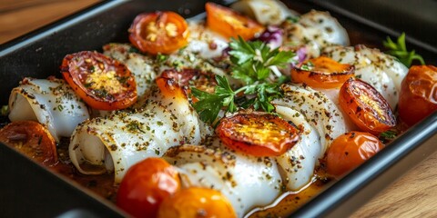 Poster - Deliciously baked squid accompanied by vibrant fresh tomatoes and aromatic parsley, creating a mouthwatering dish featuring baked squid as a star ingredient for any culinary delight.