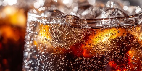 Aufkleber - Close up of refreshing cola in a glass filled with ice, showcasing the fizzy bubbles and rich color of cola, perfect for capturing the essence of cola on a warm day.
