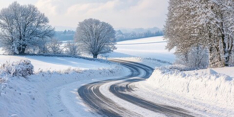Poster - Snow covered winter landscape featuring fields and winding roads, showcasing the serene beauty of winter in nature s snowy embrace, ideal for capturing the essence of a winter landscape.