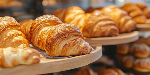 Poster - A detailed closeup of freshly baked croissants displayed for sale, featuring a beautifully blurred background that highlights the golden croissants texture and appeal. Perfect for showcasing