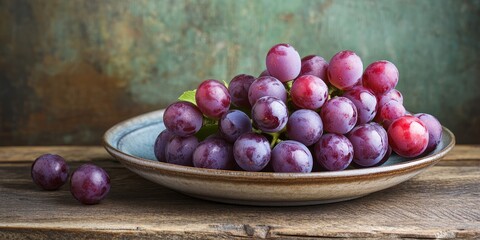 Poster - Fresh grapes displayed on a wooden background, with vibrant grapes elegantly arranged on a plate, showcasing the beauty and freshness of grapes in a natural setting.