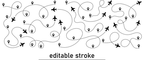 Plane routes with dashed line. Trajectory of aeroplane flight. Editable Stroke. Route icon. Map location pointer. Location, pin, gps, road maps