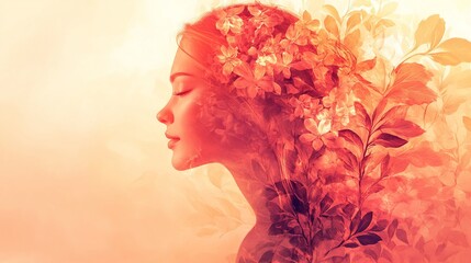 Wall Mural - Woman, autumn leaves, serene, profile, sunrise, nature, calm, beauty, wellness, stock photo